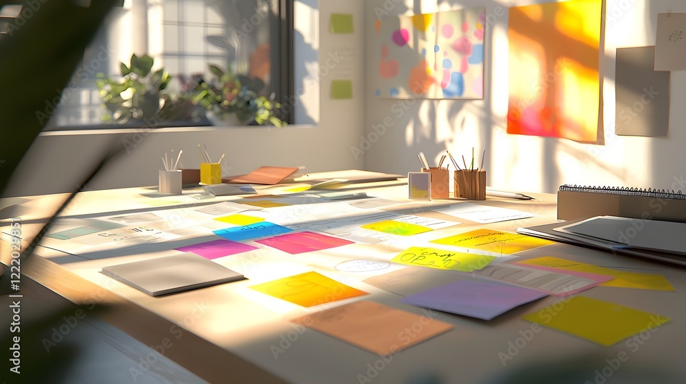 Poster vibrant collaborative brainstorming session with colorful sticky notes and flowcharts on a large woo