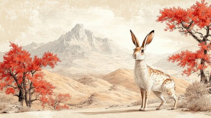 Obraz premium Majestic hare in serene landscape with red trees and mountains. Easter, Pascha, Paskha, Ostern, Pascua, Paques - Orthodox and Catholic Holiday celebration
