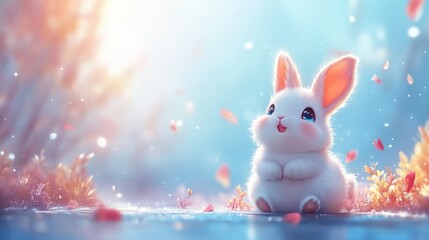 Obraz premium Adorable fluffy white rabbit in vibrant spring meadow with petals. Easter, Pascha, Paskha, Ostern, Pascua, Paques - Orthodox and Catholic Holiday celebration