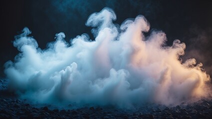 Fototapeta premium Ethereal Fog Effect with Soft Blue and Orange Glow on a Dark Rocky Background