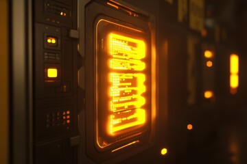 Futuristic Digital Server Room with Illuminated Orange Lights
