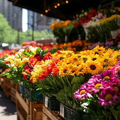 Fototapeta premium Vibrant Flower Market Display with Colorful Blooms in Spring