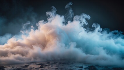 Ethereal Fog Effect with Soft Blue and Orange Glow on a Dark Rocky Background