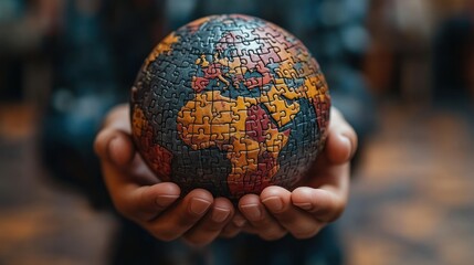 Hands holding puzzle globe; global cooperation; wooden floor background; concept image for sustainability