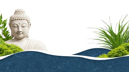 Serene Buddha Statue Surrounded by Lush Greenery and Water Waves