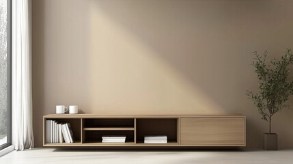 Minimalist living room interior with wooden media console and natural decor. Beige wall, light stone floor, and green plant creating a serene and stylish atmosphere in soft natural lighting.