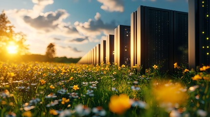 Data Center Technology in a Blooming Field at Sunset