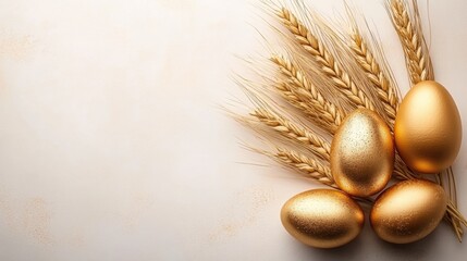Golden eggs with wheat stalks on elegant textured surface. Easter, Pascha, Paskha, Ostern, Pascua, Paques - Orthodox and Catholic Holiday celebration