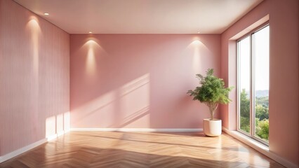 Obraz premium Sunlit Empty Room with Pink Walls and Wood Floor