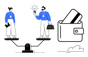 Male and female workers holding light bulb and files on seesaw, symbolizing work balance, equality, finances. Ideal for business, finance, equality, innovation teamwork balance career. Line