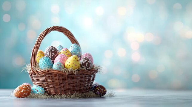 Colorful easter eggs in wicker basket with bokeh background on wood surface. Easter, Pascha, Paskha, Ostern, Pascua, Paques - Orthodox and Catholic Holiday celebration