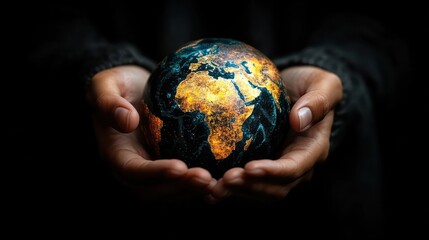 Fototapeta premium Hands holding Earth, global warming, dark background, environmental protection, stock photo