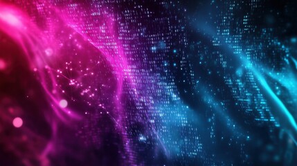 Fototapeta premium A dark purple and teal gradient with abstract binary patterns and flowing digital elements