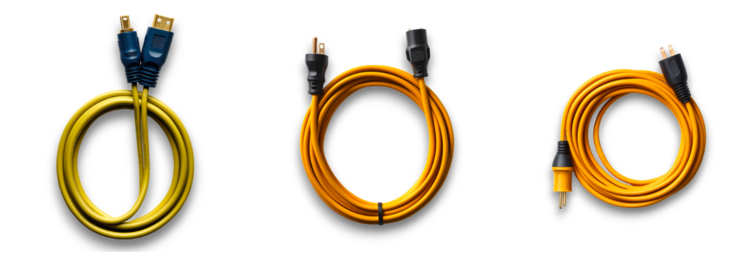 Isolated electric cables on a transparent background, showing various colors