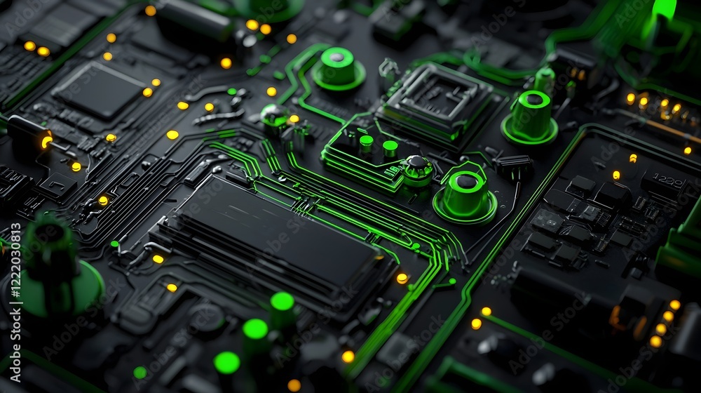 Poster visually striking 3d depicting a futuristic green powered energy system with intricate electronic ci