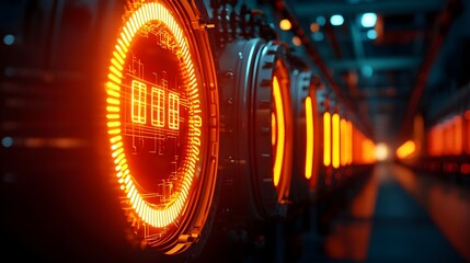 Obraz premium Futuristic Industrial Setting with Glowing Digital Elements and Circuits