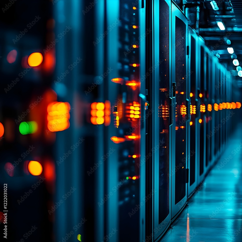 Poster modern data center with server racks and illuminated lights
