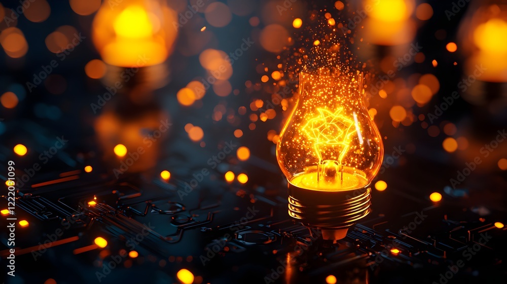 Poster sparkling light bulb illuminating dark circuit board background