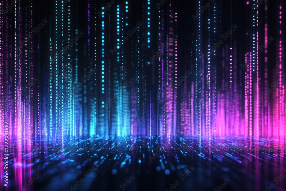 Poster abstract digital data stream background with glowing particles and lines.