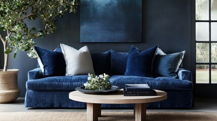 Cozy Living Room with Blue Velvet Sofa and Modern Decor Elements