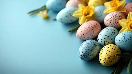 Colorful easter eggs and daffodils on blue background, festive spring decoration. Easter, Pascha, Paskha, Ostern, Pascua, Paques - Orthodox and Catholic Holiday celebration