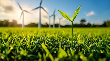 Obraz premium Green Seedling Growing in Field with Wind Turbines in Background