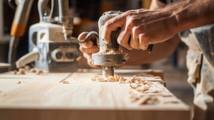 A carpenter using a handheld router to trim wood edges at a woodworking workshop on a construction site, with sawdust and woodworking tools in the background, Woodworking detail scene