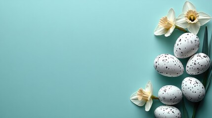 Obraz premium Speckled easter eggs and daffodils arrangement on blue background. Easter, Pascha, Paskha, Ostern, Pascua, Paques - Orthodox and Catholic Holiday celebration
