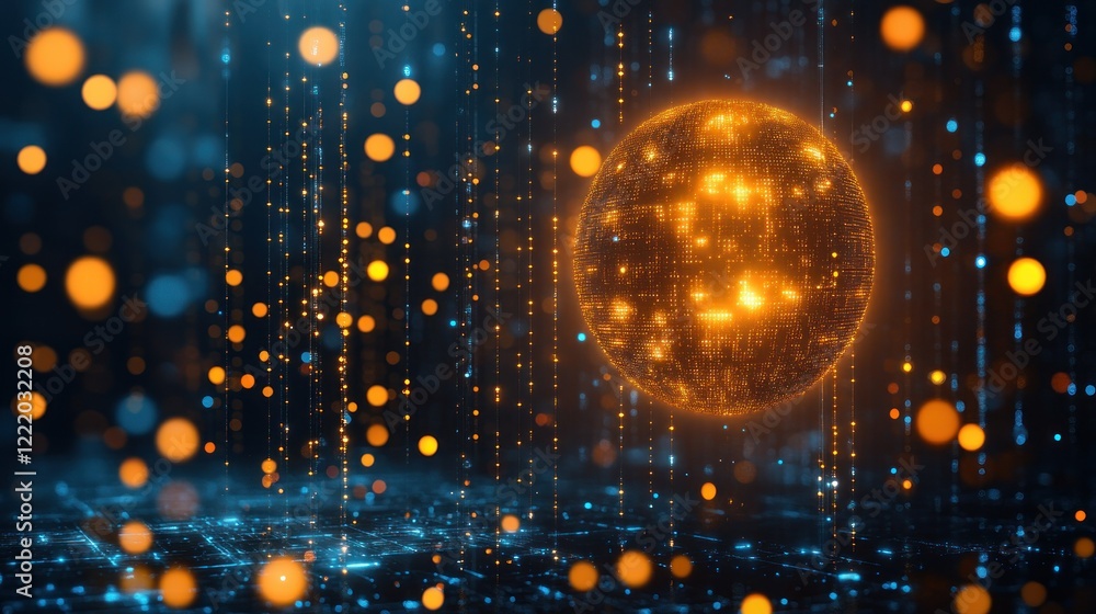 Poster luminous digital sphere: abstract visualization of data flow