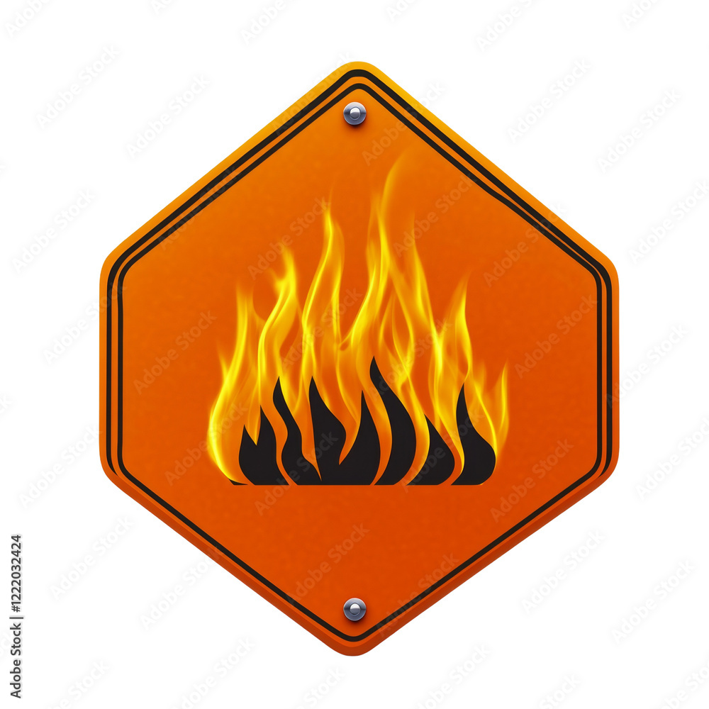 Poster an orange hexagonal sign with a black border displays a graphic of bright orange flames representing