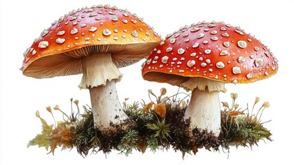 Vivid Red and White Mushrooms with Dew on Grass