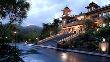 Obraz premium Majestic Palace at Dusk: A Serene Hillside Retreat