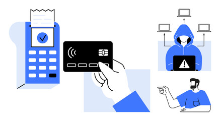 Hand holds credit card near payment terminal, hacker in hoodie with laptop monitors transactions, person points at cybersecurity threats. Ideal for online payment, cybersecurity, digital
