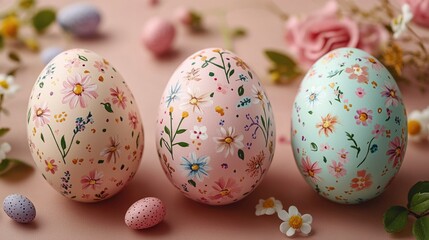 Fototapeta premium Floral painted easter eggs with pastel spring flowers and blossoms. Easter, Pascha, Paskha, Ostern, Pascua, Paques - Orthodox and Catholic Holiday celebration