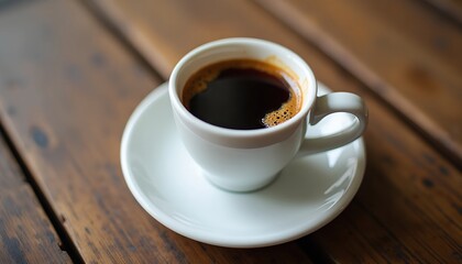 Obraz premium A cup of coffee sits on a wooden table. The rich, dark coffee is steaming slightly, inviting a warm and comforting feeling.