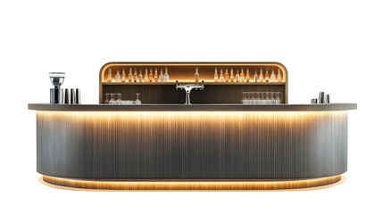 A sleek modern bar counter featuring illuminated shelves, a beer tap, and various glassware, creating an elegant setting.