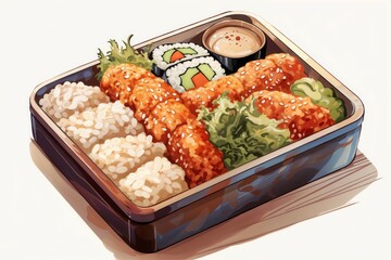 Bento lunchbox with rice, fried chicken, sushi, and dipping sauce. Bento meal, Japanese lunch, convenient eating, Asian food, food styling. Convenience. Tradition. Japanese delicacies.