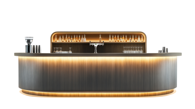 A sleek modern bar counter featuring illuminated shelves, a beer tap, and various glassware, creating an elegant setting.