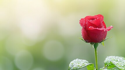 Obraz premium Red rose flower bud covered in fresh morning dew drops stands in a sunny garden with soft green bokeh background.