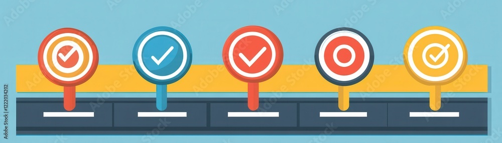 Poster colorful checkmark icons on a horizontal strip symbolize task completion and progress, set against a