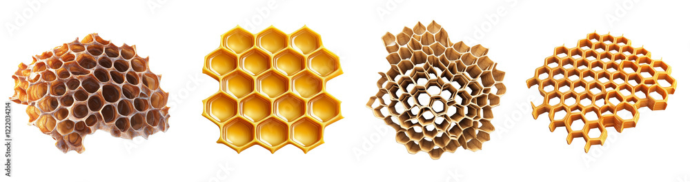 Poster A comparison of four different honeycomb structures showcasing variations in texture and the presence or absence of honey.