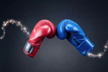 A pair of boxing gloves playfully sparring with each other, leaving stars behind