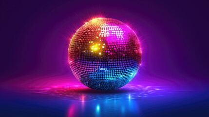 Vibrant disco ball with colorful lights reflecting on purple background. Easter, Pascha, Paskha, Ostern, Pascua, Paques - Orthodox and Catholic Holiday celebration