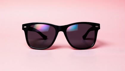 Stylish black sunglasses on a pink background. Perfect for summer fashion and sunny days.  A classic accessory for a modern look.
