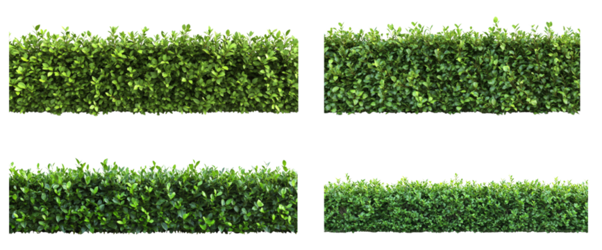 The image shows four sections of a dense green hedge isolated against a black background, showcasing its texture and vibrancy.