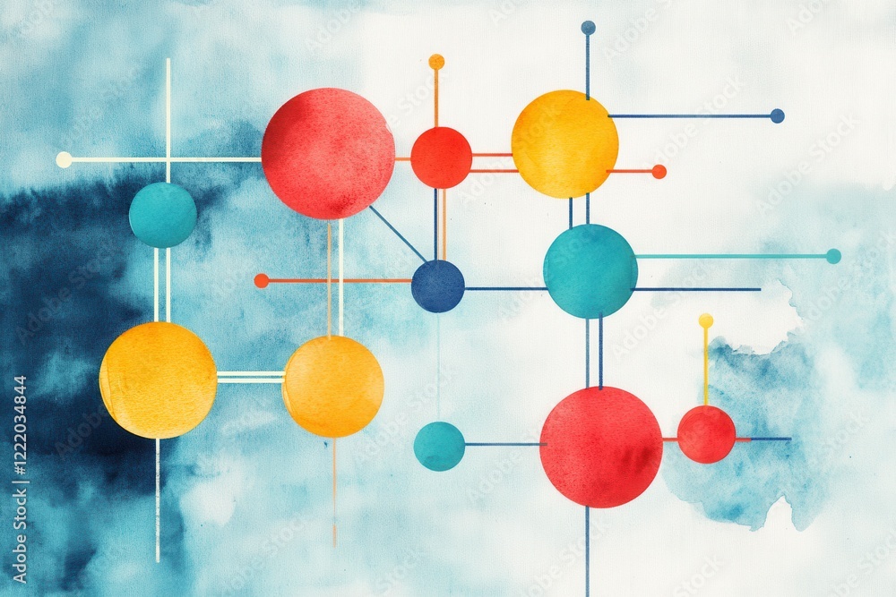 Poster abstract watercolor composition featuring vibrant circles and lines against a soft, blended backgrou