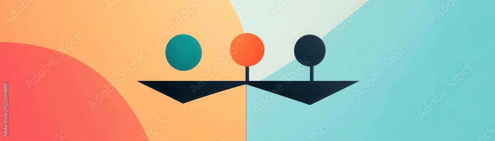 Poster a modern graphic featuring three shapes on a balance scale, symbolizing equilibrium and harmony in a