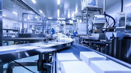 A bustling food processing plant with conveyor belts transporting packaged goods amidst stainless steel machinery, Food processing plant scene, Hygienic production style