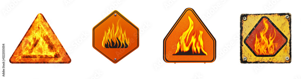 Poster The image showcases four different variations of fire warning signs; each sign displays stylized flames on different shapes and levels of distress.