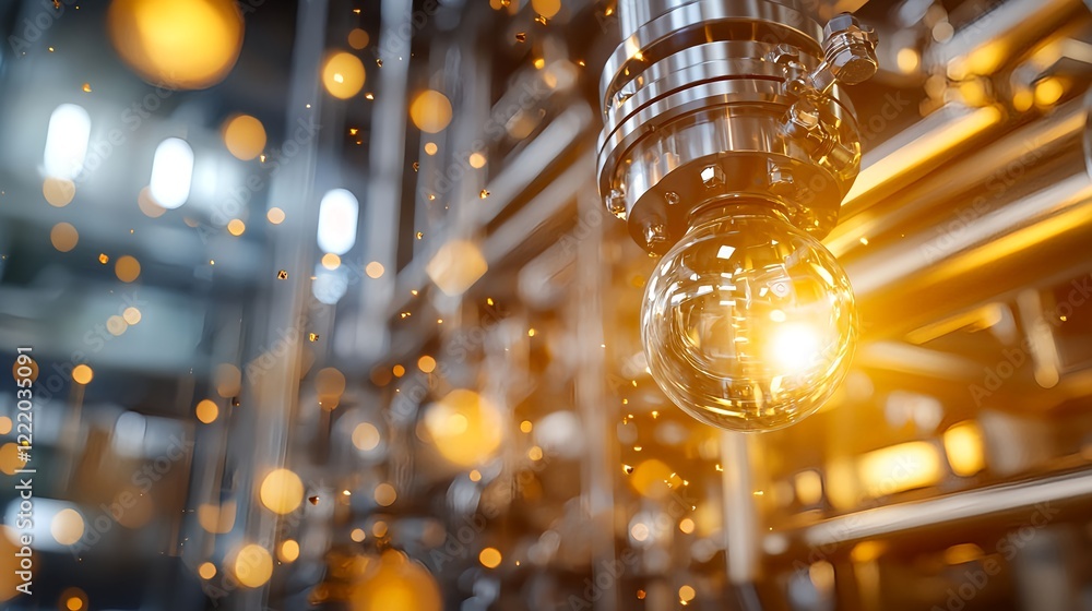 Poster illuminated bulb against industrial background with bokeh effect